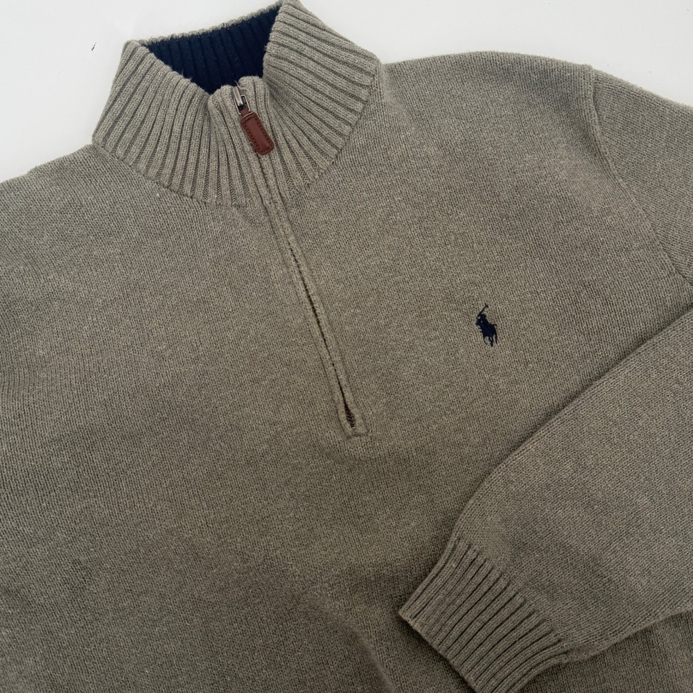 Polo Ralph Lauren Mens XL Quarter Zip Cotton Sweater Taupe Grey Heather Pony